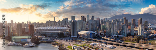 Downtown Vancouver, British Columbia, Canada. Aerial Panoramic View of a Modern Touristic City on the West Coast. Dramatic Colorful Sunset. Urban Cityscape Skyline photo
