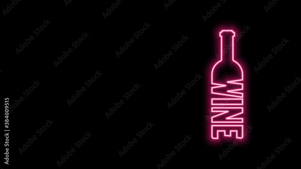 Glowing neon line Bottle of wine icon isolated on black background. Lettering bottle of wine. 4K Video motion graphic animation Glowing neon line Bottle of wine icon isolated on black background. Lettering bottle of wine. 4K Video motion graphic animation