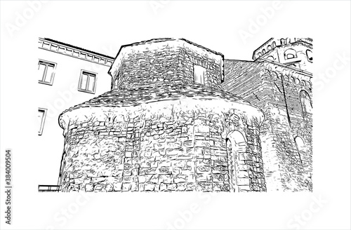 Building view with landmark of Bergamo is a city in the alpine Lombardy region of northern Italy. Hand drawn sketch illustration in vector.