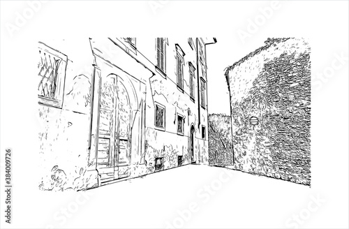 Building view with landmark of Bergamo is a city in the alpine Lombardy region of northern Italy. Hand drawn sketch illustration in vector.