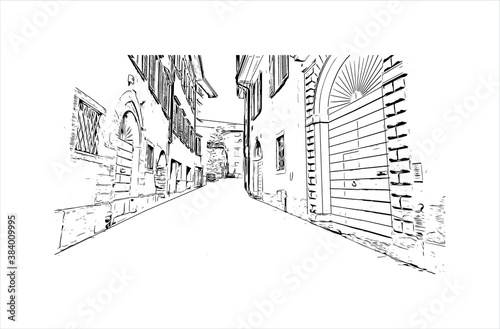 Building view with landmark of Bergamo is a city in the alpine Lombardy region of northern Italy. Hand drawn sketch illustration in vector.