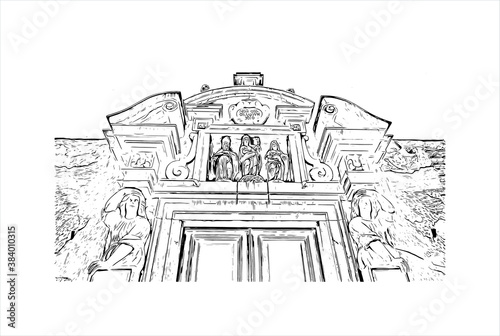 Building view with landmark of Bergamo is a city in the alpine Lombardy region of northern Italy. Hand drawn sketch illustration in vector.