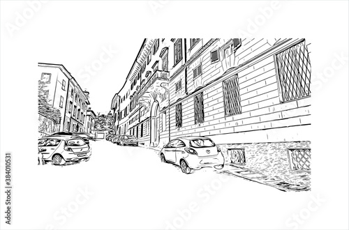 Building view with landmark of Bergamo is a city in the alpine Lombardy region of northern Italy. Hand drawn sketch illustration in vector.