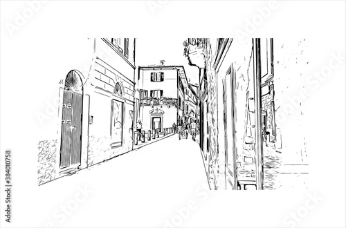Building view with landmark of Bergamo is a city in the alpine Lombardy region of northern Italy. Hand drawn sketch illustration in vector.