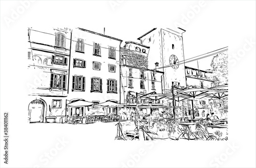 Building view with landmark of Bergamo is a city in the alpine Lombardy region of northern Italy. Hand drawn sketch illustration in vector.