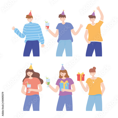 young people with hats gifts and dinks clebrating party