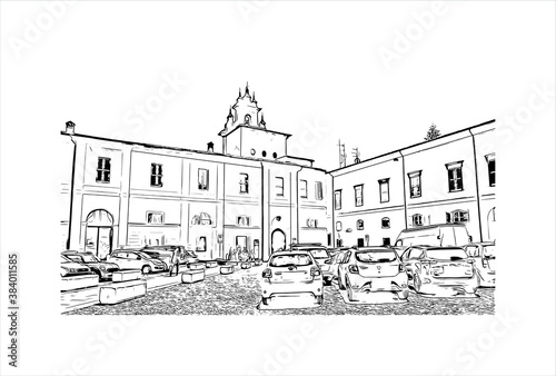 Building view with landmark of Bergamo is a city in the alpine Lombardy region of northern Italy. Hand drawn sketch illustration in vector.