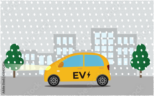 吹雪の中、ライトを点けて都市の道路を進む黄色い電気自動車のベクターイラスト © ICIM