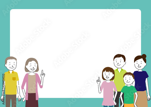 Illustration frame of a three generation family (grandfather, grandmother, father, mother, girl, boy set)