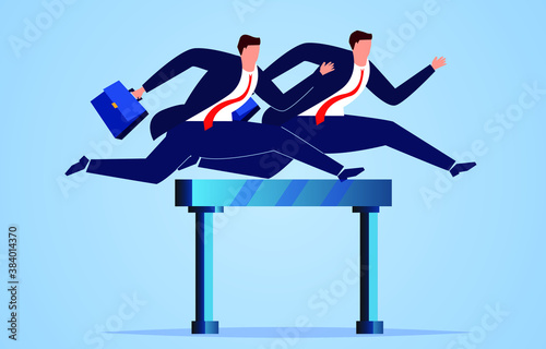 Conceptual illustration of business competition. Two businessmen hurdling forward side by side