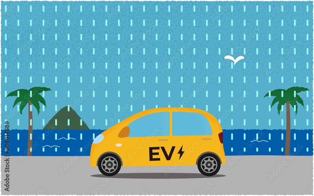 雨の中、海沿いの道を進む黄色い電気自動車のベクターイラスト 雨の中、海沿いの道を進む黄色い電気自動車のベクターイラスト