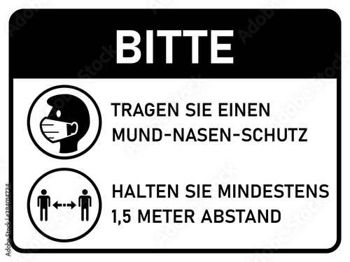 Horizontal Instruction Signboard with Basic Set of Measures against Coronavirus in German, including Please Wear Face Masks and Stay at least 1,5 Meters Apart. Vector Image.