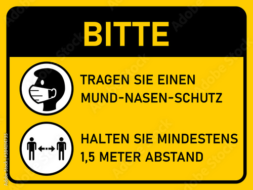 Horizontal Instruction Signboard with Basic Set of Measures against Coronavirus in German, including Please Wear Face Masks and Stay at least 1,5 Meters Apart. Vector Image.