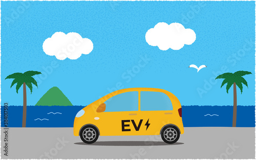 海沿いの道を進む黄色い電気自動車のベクターイラスト © ICIM
