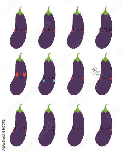 Set Kawaii Cartoon Aubergine. Vector Illustration