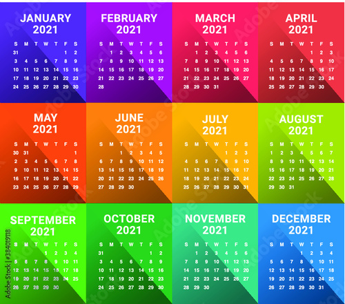 Year 2021 calendar vector design template, simple and clean design