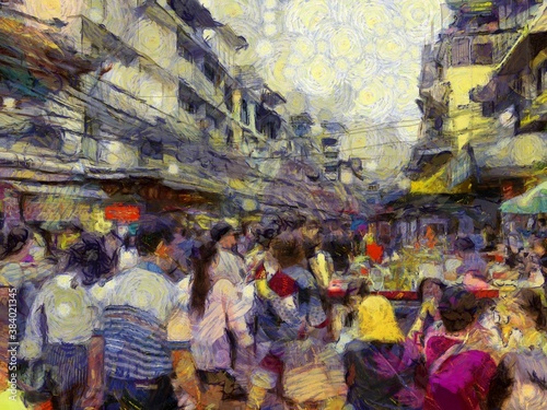 Yaowarat China Town, Bangkok Illustrations creates an impressionist style of painting. © Kittipong