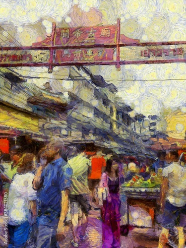Yaowarat China Town, Bangkok Illustrations creates an impressionist style of painting. © Kittipong