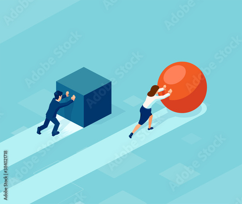 Vector of a smart businessman pushing a sphere leading the race against a group of slower businessmen pushing boxes. photo