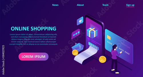 Vector of a man shopping and paying online using mobile app technology.