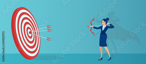 Vector of a business woman with super hero shadow and archer aiming at target and shooting with arrow