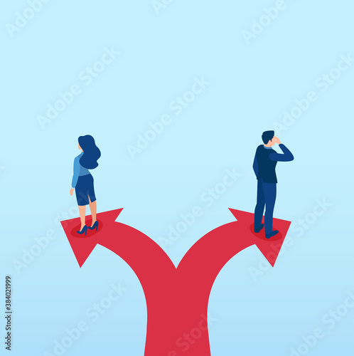 Vector of business man and businesswoman walking in opposite directions standing on arrow signs
