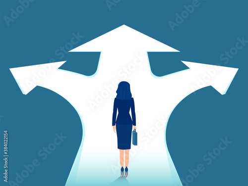 Vector of a business woman standing at crossroads making a decision which way to go