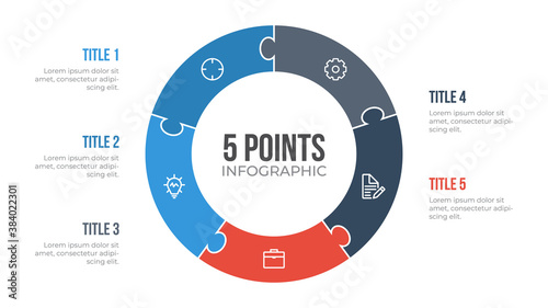 5 points circle infographic element vector with puzzle, can be used for workflow, steps, options, list, processes, presentation slide, report, etc.