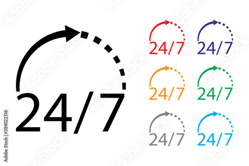 Service icon 24 7. Support hours all day. Assistance to the client for a whole week. Vector illustration. Stock image.