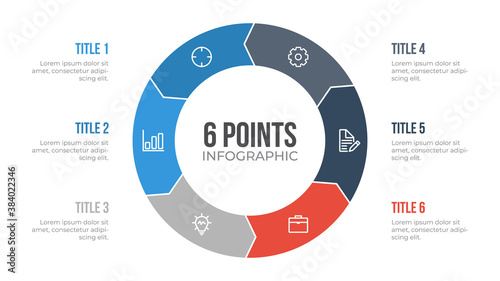 6 points circle infographic element vector with arrows, can be used for workflow, steps, options, list, processes, presentation slide, report, etc.