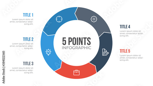 5 points circle infographic element vector with arrows, can be used for workflow, steps, options, list, processes, presentation slide, report, etc.