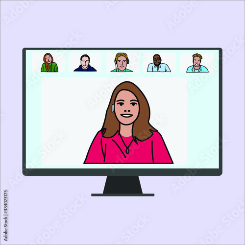 company teleconference meeting with happy face on desktop, Online friends meeting, Work from Home, Remote work, teleconference, New normal. Conceptual vector illustration.