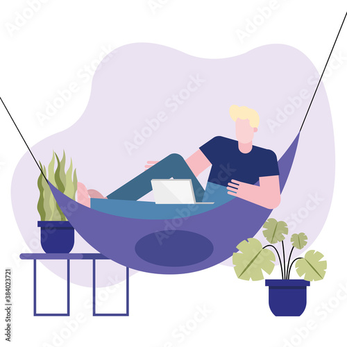 Man with laptop working on hammock from home vector design