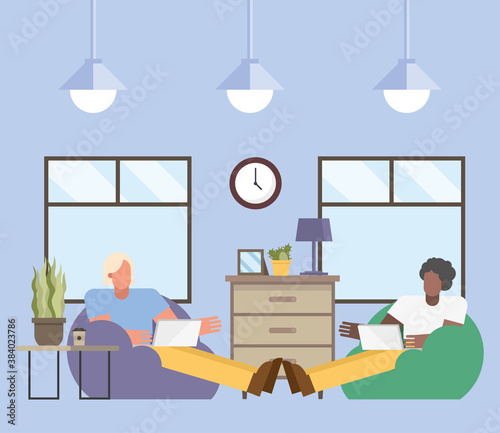 Men with laptop working on puf from home vector design