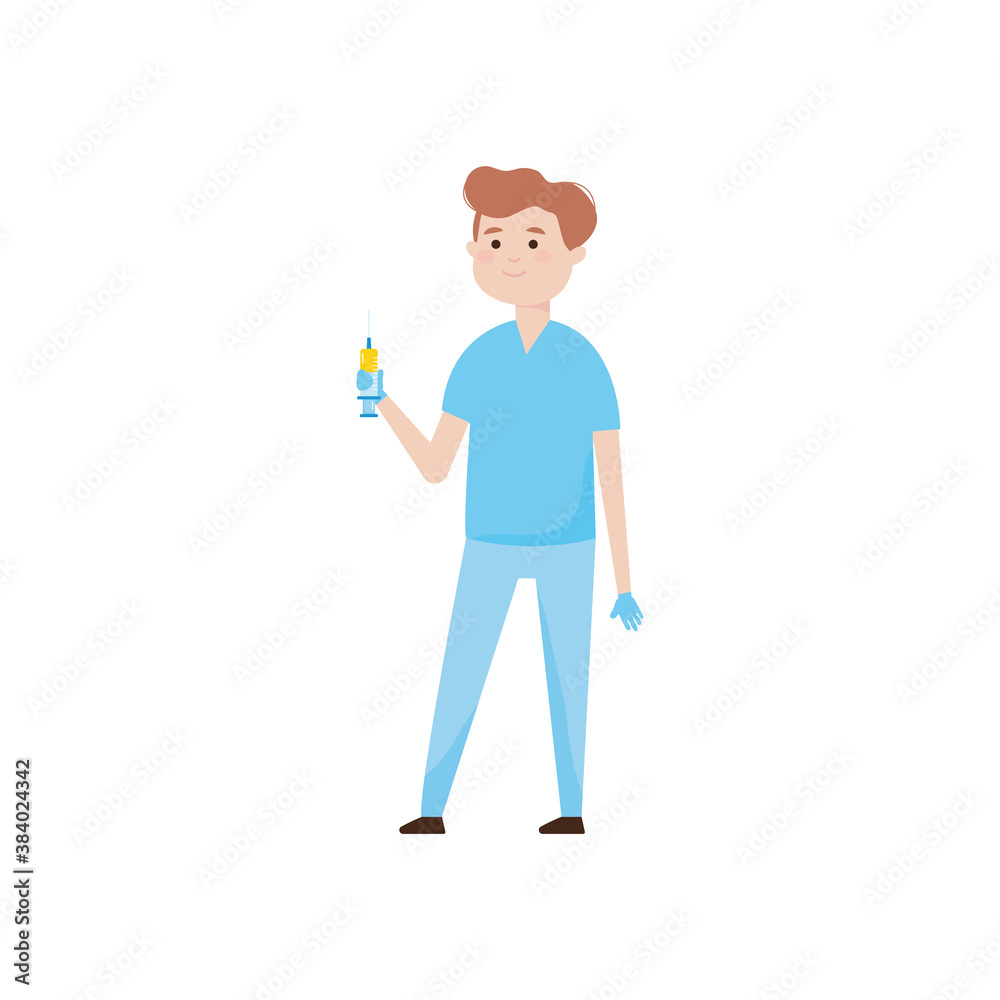 cartoon man standing holding a vaccine, colorful design cartoon man standing holding a vaccine, colorful design