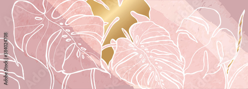 Luxury pink monstera background vector with golden metallic decorate wall art