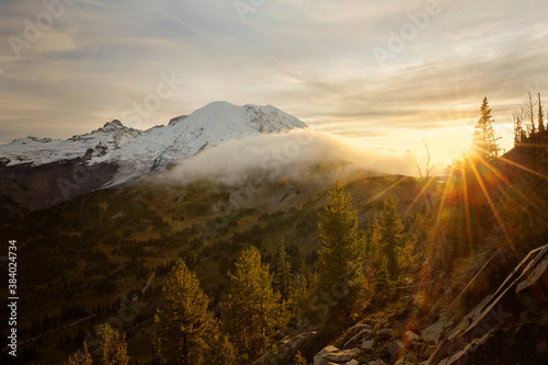 The majestic Mt. Rainier towers over the landscape of the mt rainier national park in washington state. Stunning scenery everywhere you look