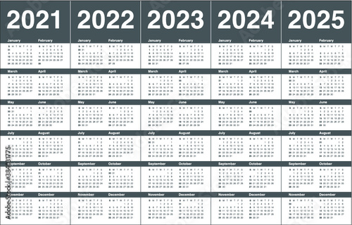 Year 2021 2022 2023 2024 2025 calendar vector design template, simple and clean design