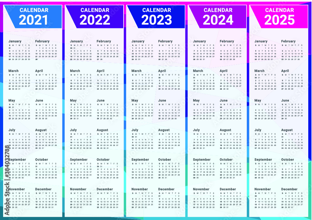 Year 2021 2022 2023 2024 2025 calendar vector design template, simple ...
