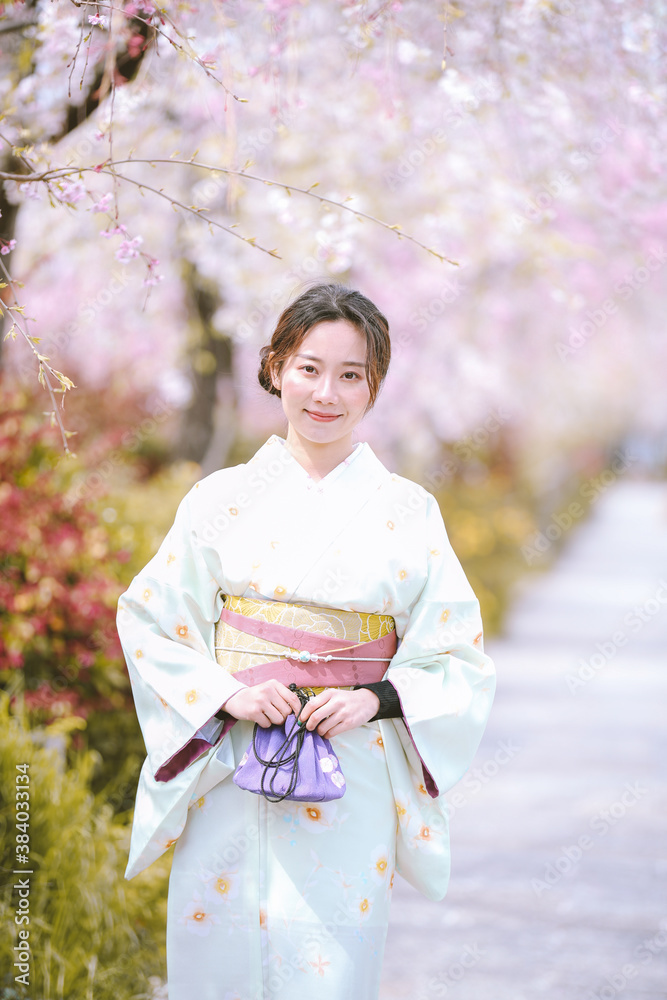 Girls Wearing Kimono with cherry blossoms in spring, Kyoto, Japan Girls Wearing Kimono with cherry blossoms in spring, Kyoto, Japan