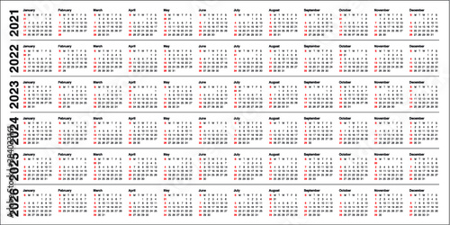 Year 2021 2022 2023 2024 2025 2026 calendar vector design template, simple and clean design