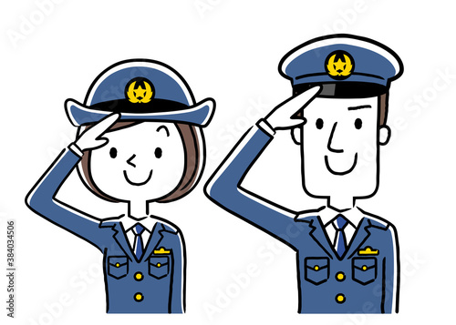 イラスト素材：男性警察官と女性警察官、敬礼
