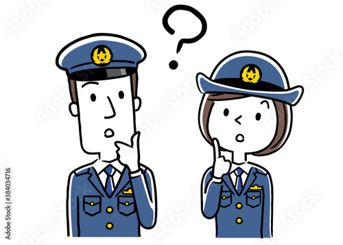 イラスト素材：男性警察官と女性警察官、疑問
