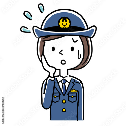 イラスト素材：若い女性警察官、婦警、困った表情
