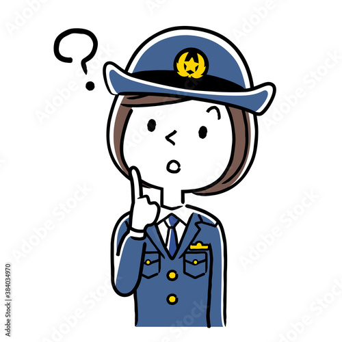 イラスト素材：若い女性警察官、婦警、疑問を持つ
