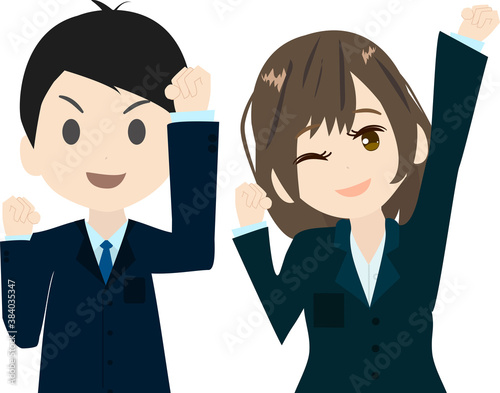 頑張るぞ！と気合を入れたかわいいビジネスマンとビジネスウーマンのイラスト