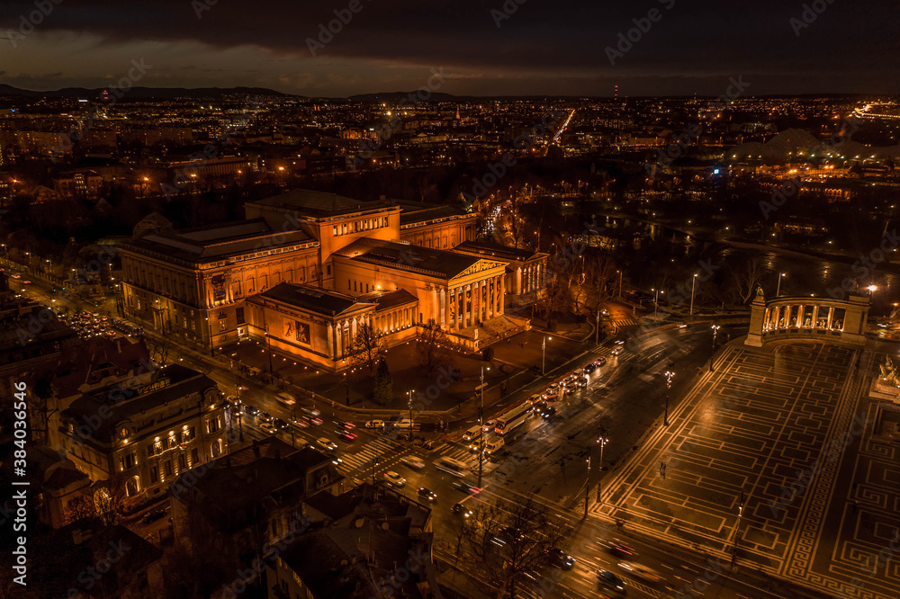 Aerial pano drone shot of Museum fine art at Heroes Square in Budapest night with lights