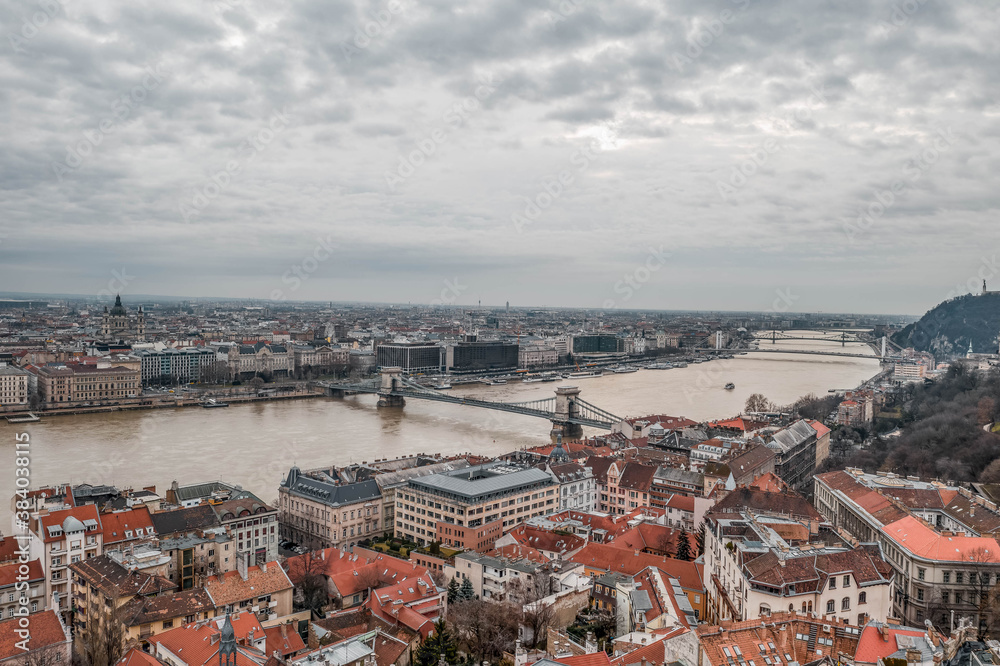 Fototapeta premium Aerial drone shot of Danube River with Chain bridge before sunrise at dawn in winter
