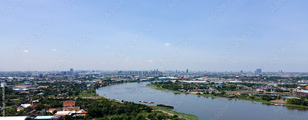 Landscape Panorama view river outside the city, aerial view drone shot.