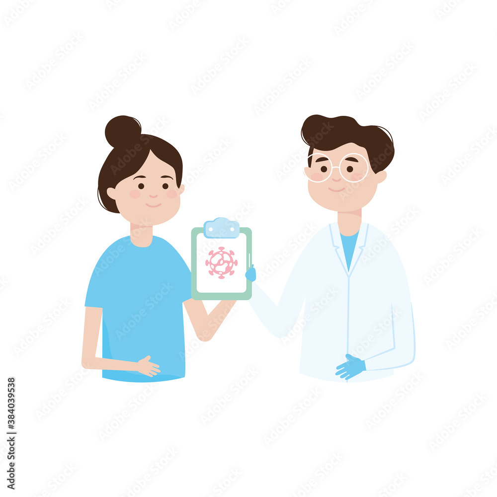 cartoon doctor holding a medical report and cartoon woman, colorful design
